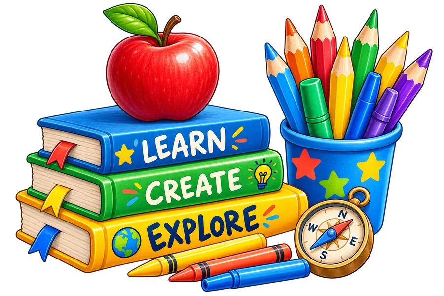 Books, apple and classroom creative supplies