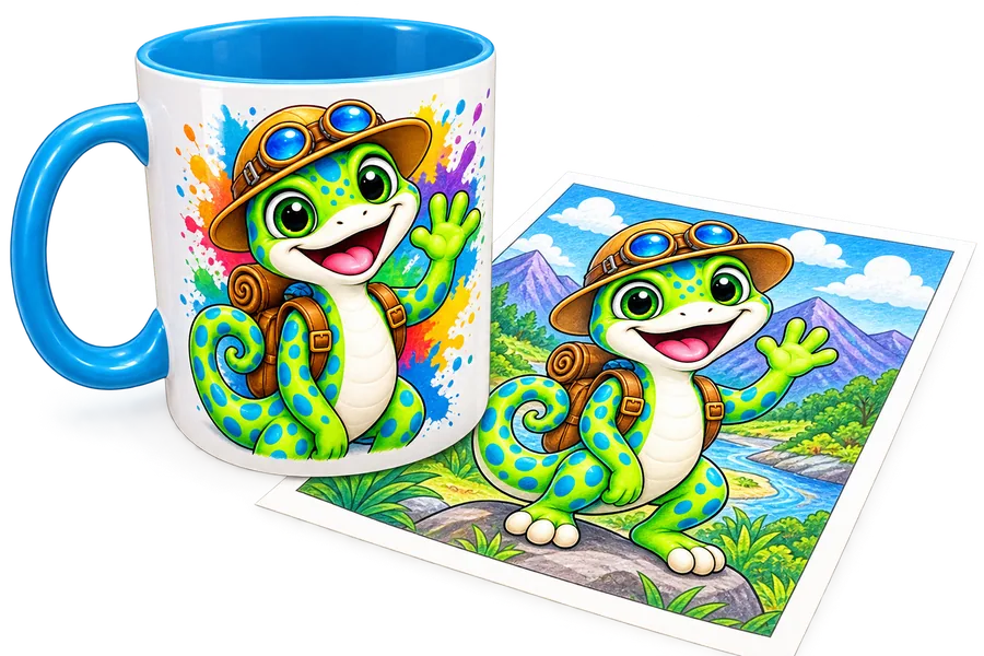 Printed artwork and a decorated mug