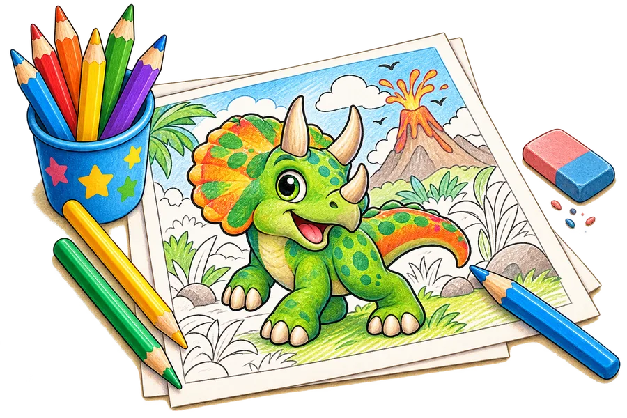 Colouring pencils and a coloured picture