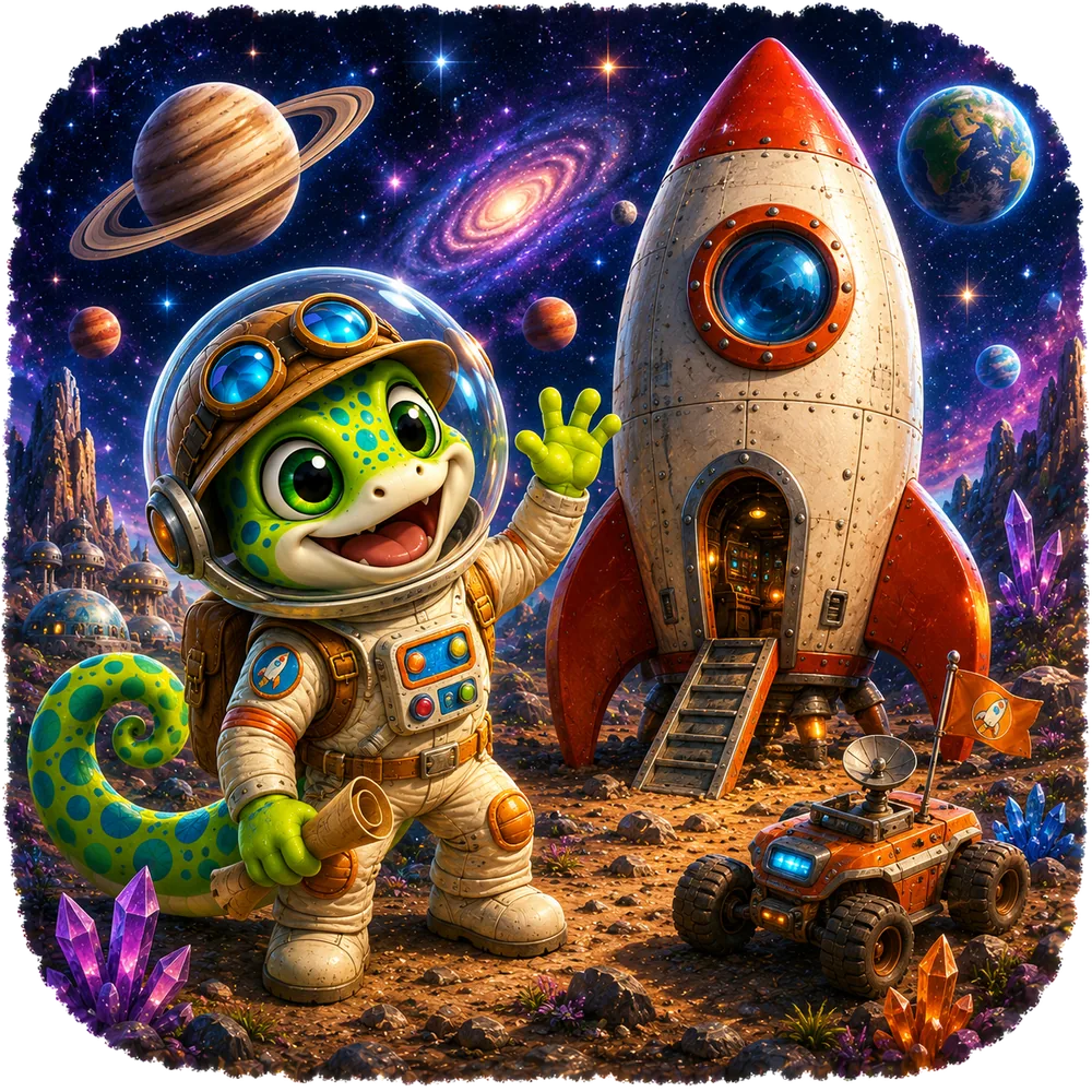 Zumi exploring space beside a rocket